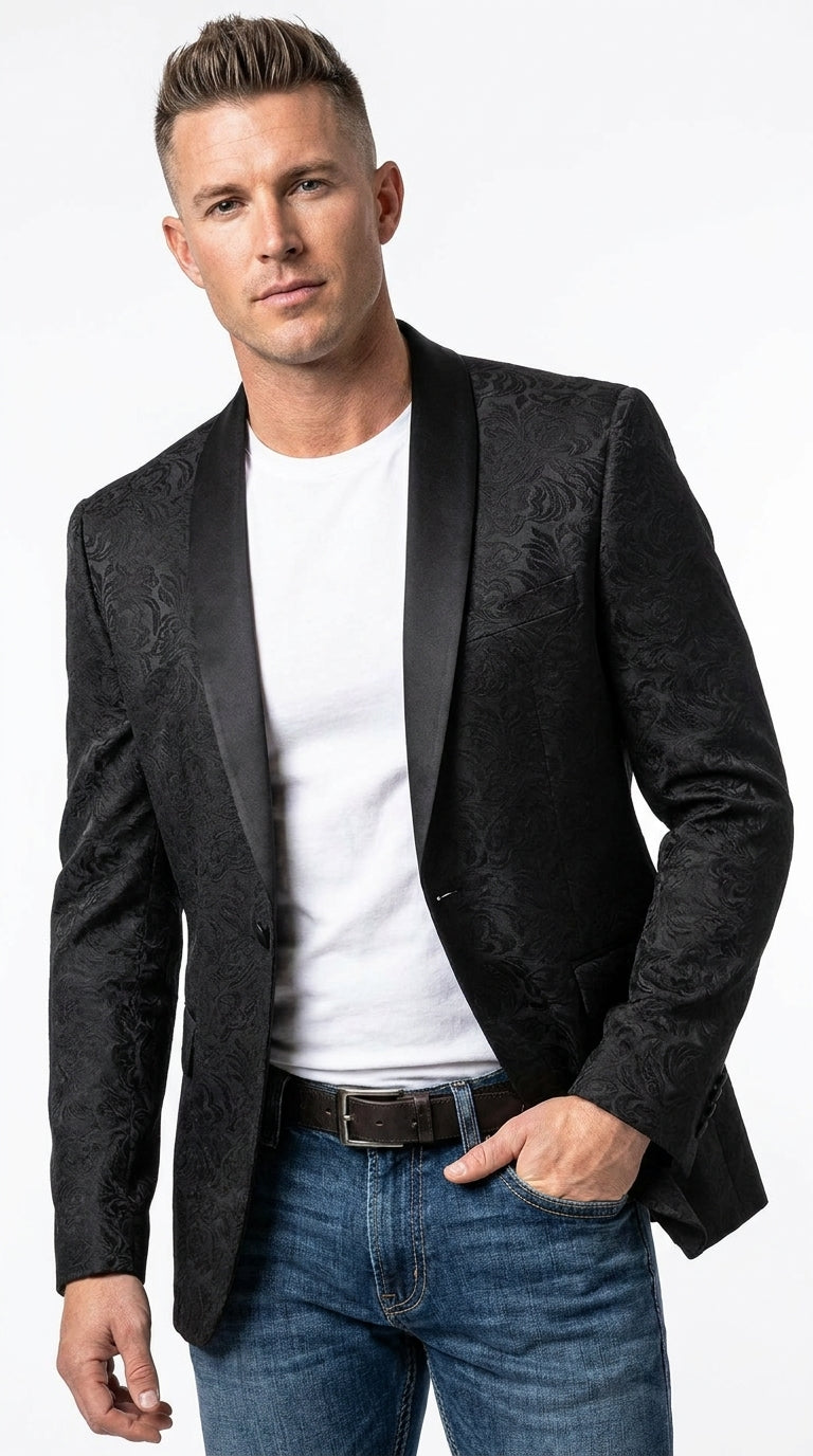 Men’s Black Paisley Jacquard Western Blazer with Satin Shawl Lapel, Formal Designer Sport Coat