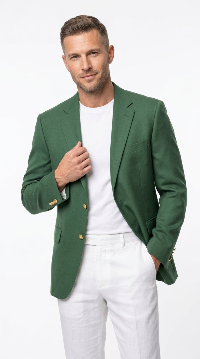 Men’s Green Blazer with Gold Buttons, Four Button Sleeve Dress Casual Sport Coat