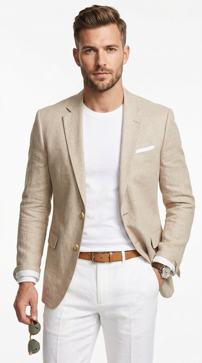 Men’s Sand Linen Cotton 2 Button Sport Coat, Long Sleeve Dress Casual Blazer