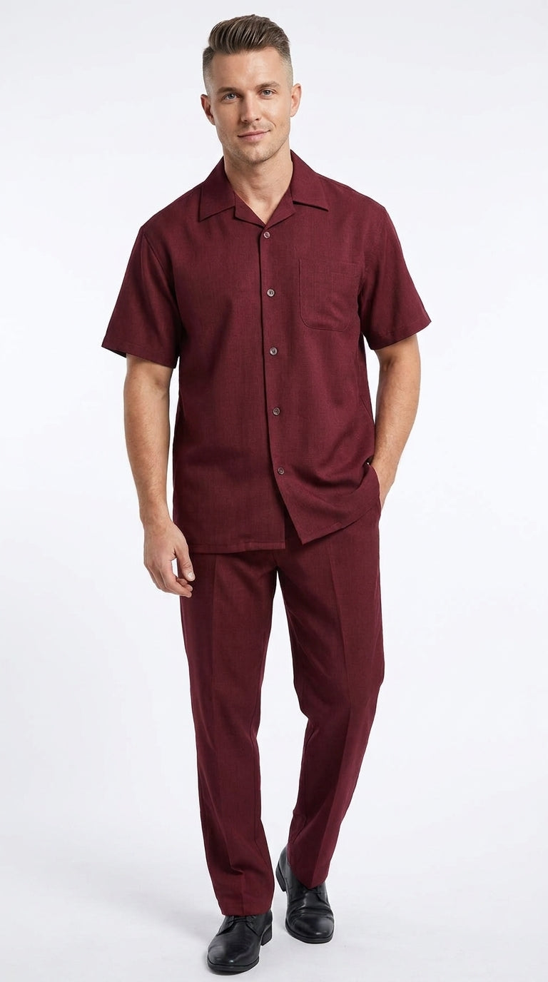 Men’s Burgundy 100% Linen Walking Suit, Short Sleeve Shirt and Matching Pants Casual 2 Piece Set