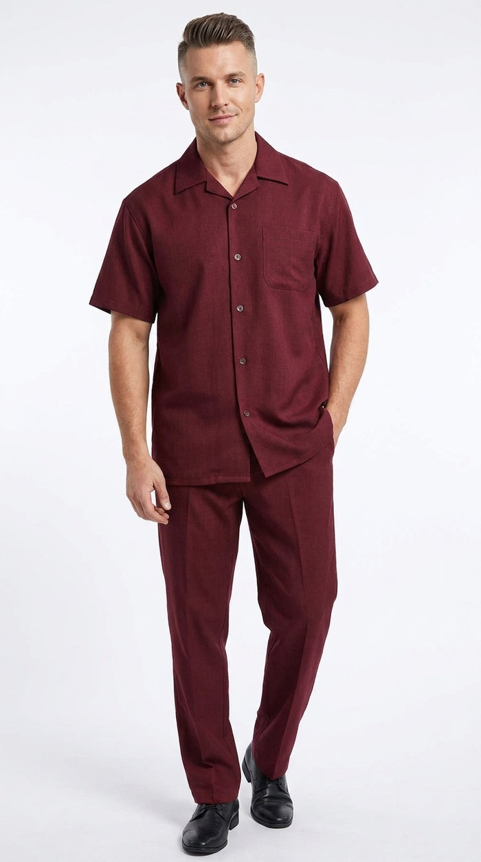 Men’s Burgundy 100% Linen Walking Suit, Short Sleeve Shirt and Matching Pants Casual 2 Piece Set