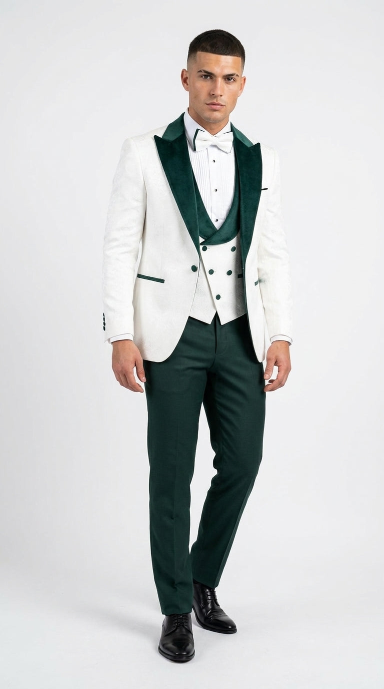 Men’s White and Hunter Green 3-Piece Wedding Tuxedo – White Dinner Jacket with Hunter Green Shawl Lapel