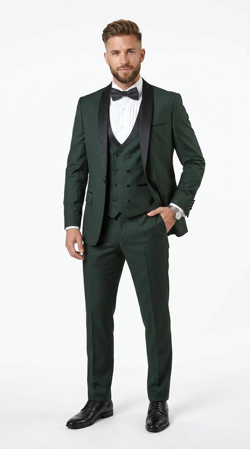 Men’s Hunter Green Vested Tuxedo Suit with Black Trim Shawl Lapel, Wedding Prom Formal Suit Set