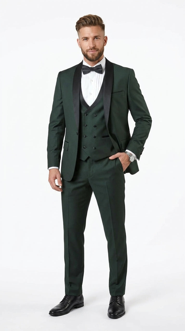 Men’s Hunter Green Vested Tuxedo Suit with Black Trim Shawl Lapel, Wedding Prom Formal Suit Set