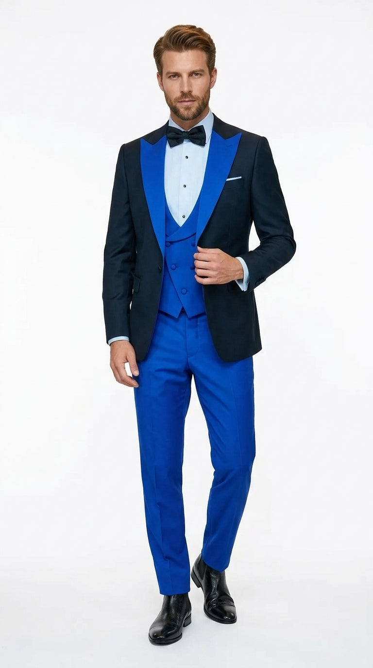 Men’s Black and Royal Blue 100% Wool Vested Tuxedo Suit with Peak Lapel, Wedding Prom Formal Suit Set
