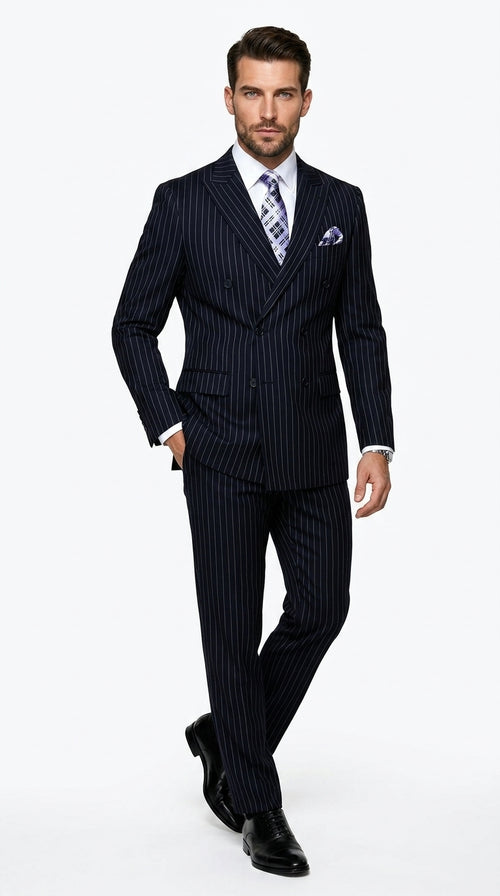 Men’s Navy Pinstripe Double Breasted Suit, Statement Formal Wedding Business Dress Suit