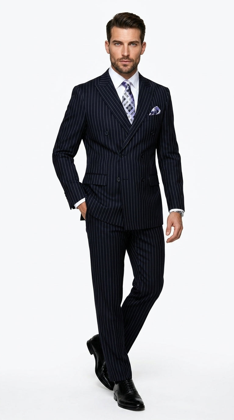 Men’s Navy Pinstripe Double Breasted Suit, Statement Formal Wedding Business Dress Suit