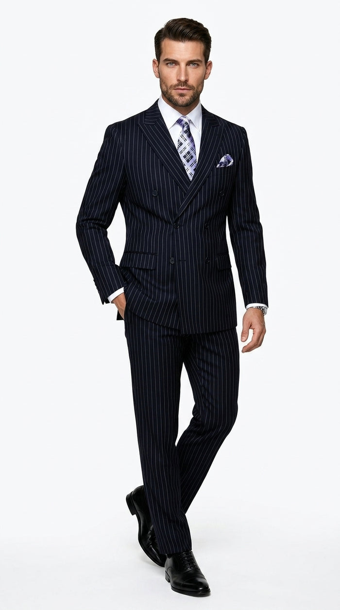 Men’s Navy Pinstripe Double Breasted Suit, Statement Formal Wedding Business Dress Suit
