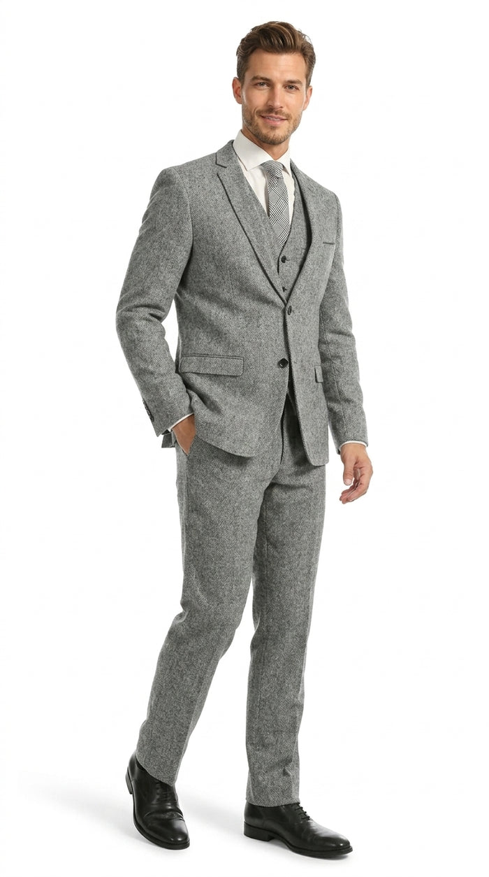 Mens Grey Tweed Three Piece Suit Vintage British Fabric Slim Fit Wedding & Business Wear