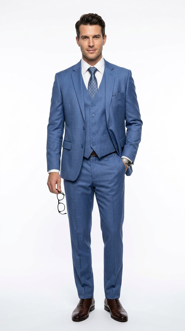 Men’s Steel Blue 3 Piece Prom Suit, Dusty Blue Vested Wedding Formal Suit Set