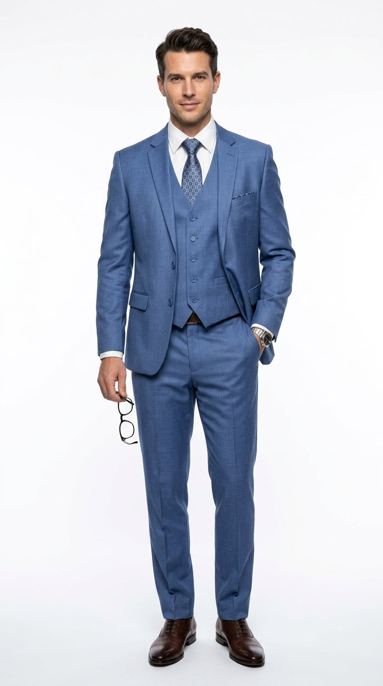 Men’s Steel Blue 3 Piece Prom Suit, Dusty Blue Vested Wedding Formal Suit Set