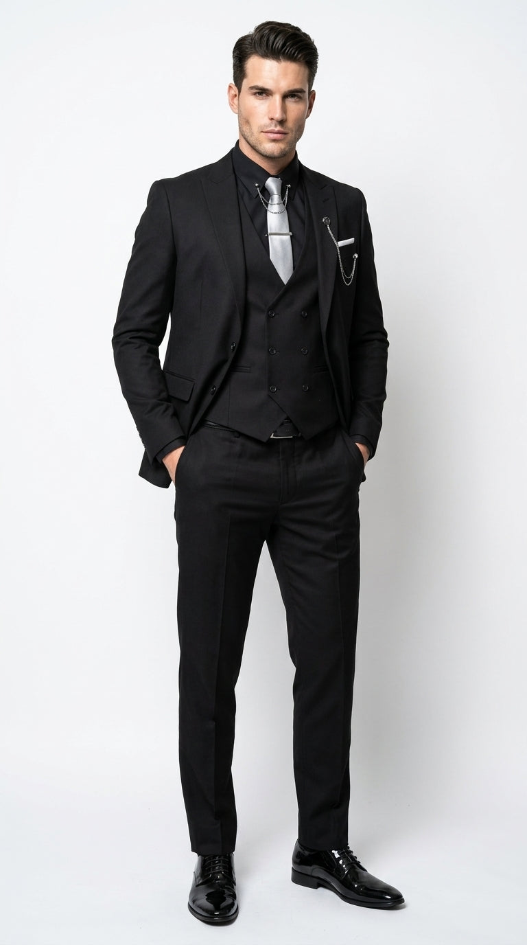 Men’s Black 3 Piece Suit with Double Breasted Vest, Formal Wedding Prom Business Dress Suit Set