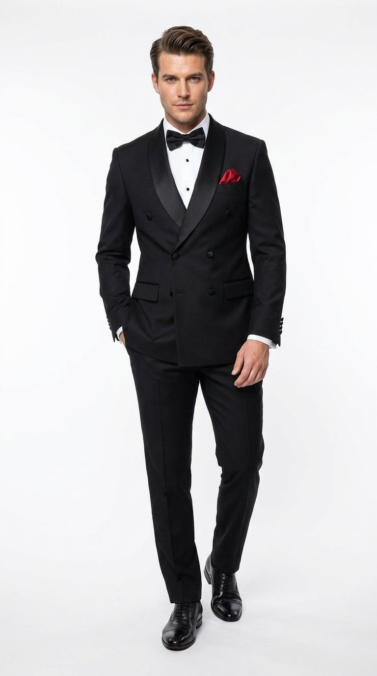 Men’s Black Six Button Double Breasted Tuxedo, 2 Piece Formal Wedding Suit