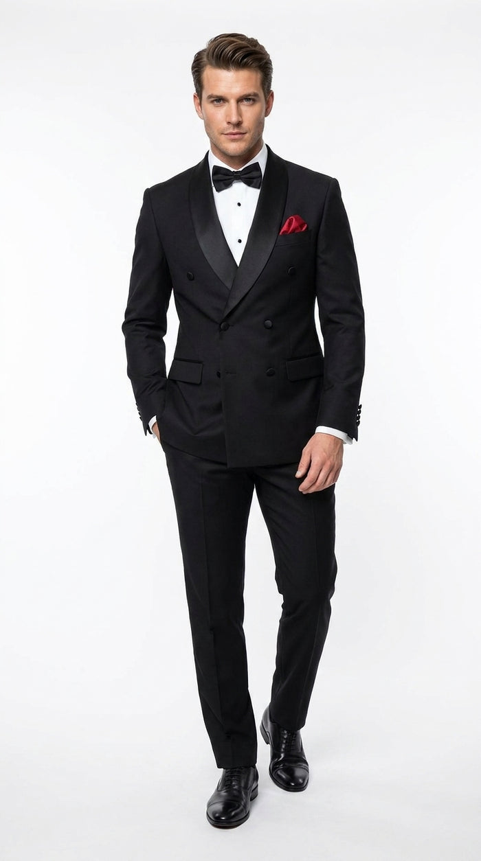 Men’s Black Six Button Double Breasted Tuxedo, 2 Piece Formal Wedding Suit