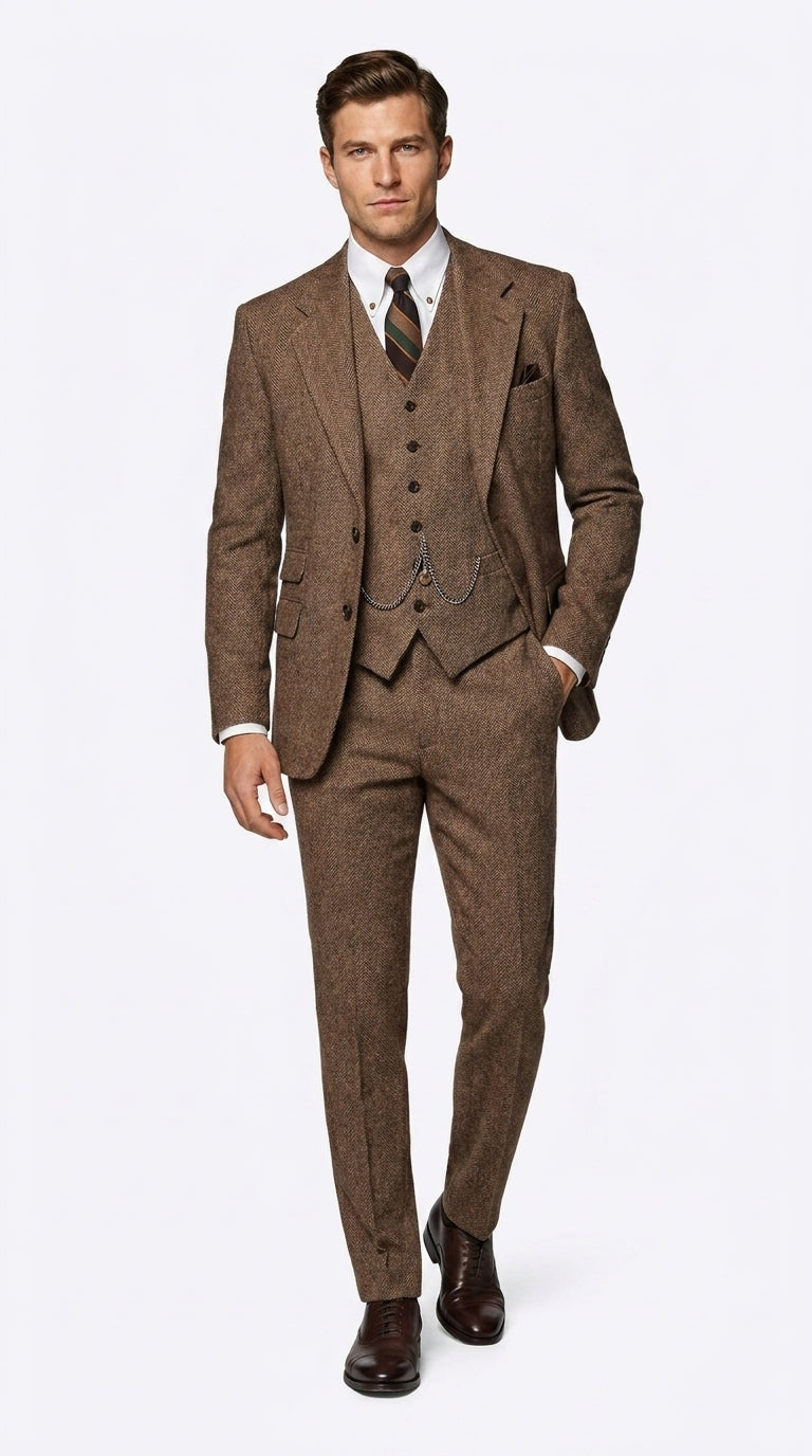 Men’s Great Gatsby Costume Package, Brown 1920s Suit with Vest, Pants, Shirt and Tie