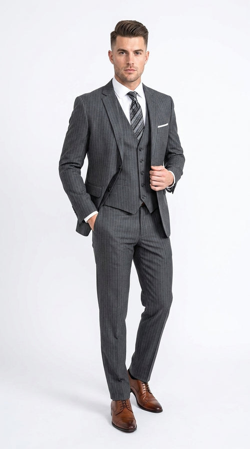 Men’s Charcoal Grey Pinstripe 2 Button Vested Suit, Modern Fit Wool Blend Formal Dress Suit
