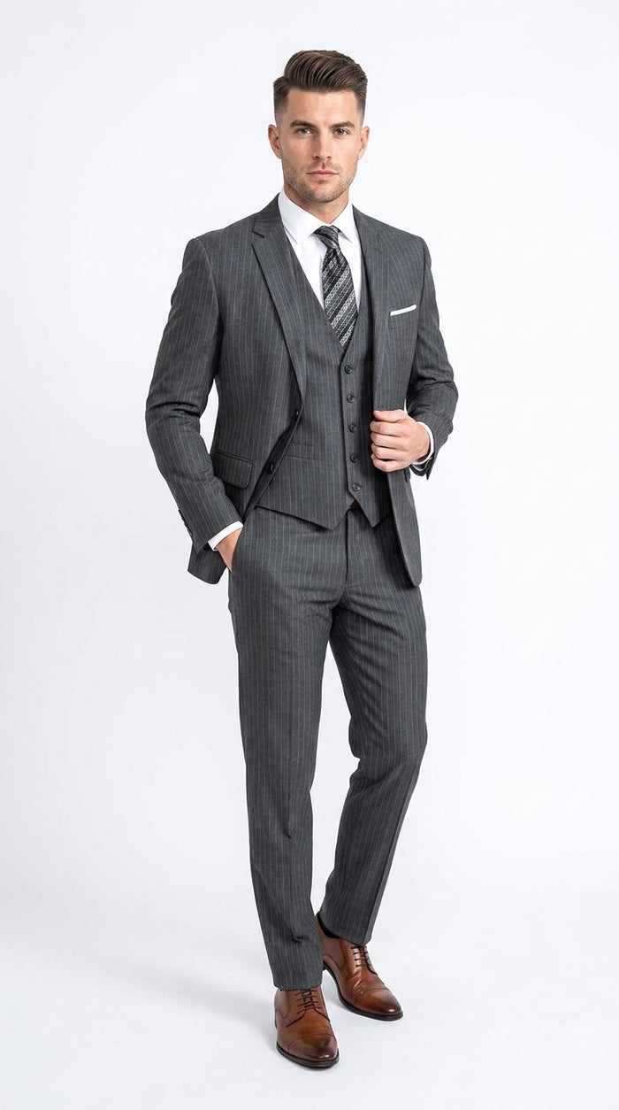 Men’s Charcoal Grey Pinstripe 2 Button Vested Suit, Modern Fit Wool Blend Formal Dress Suit