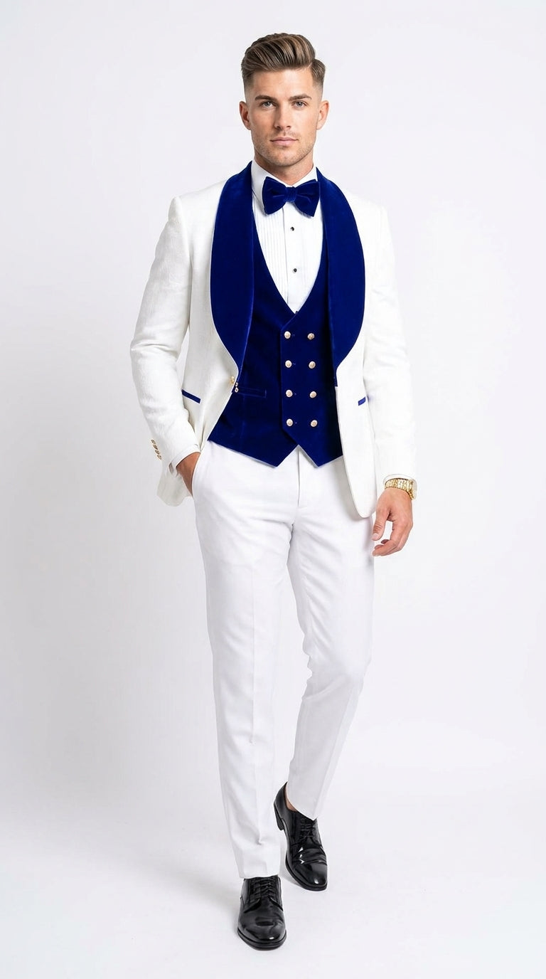 Men’s White and Royal Blue 3-Piece Tuxedo – Groom Wedding and Prom Suit with Velvet Shawl Lapel