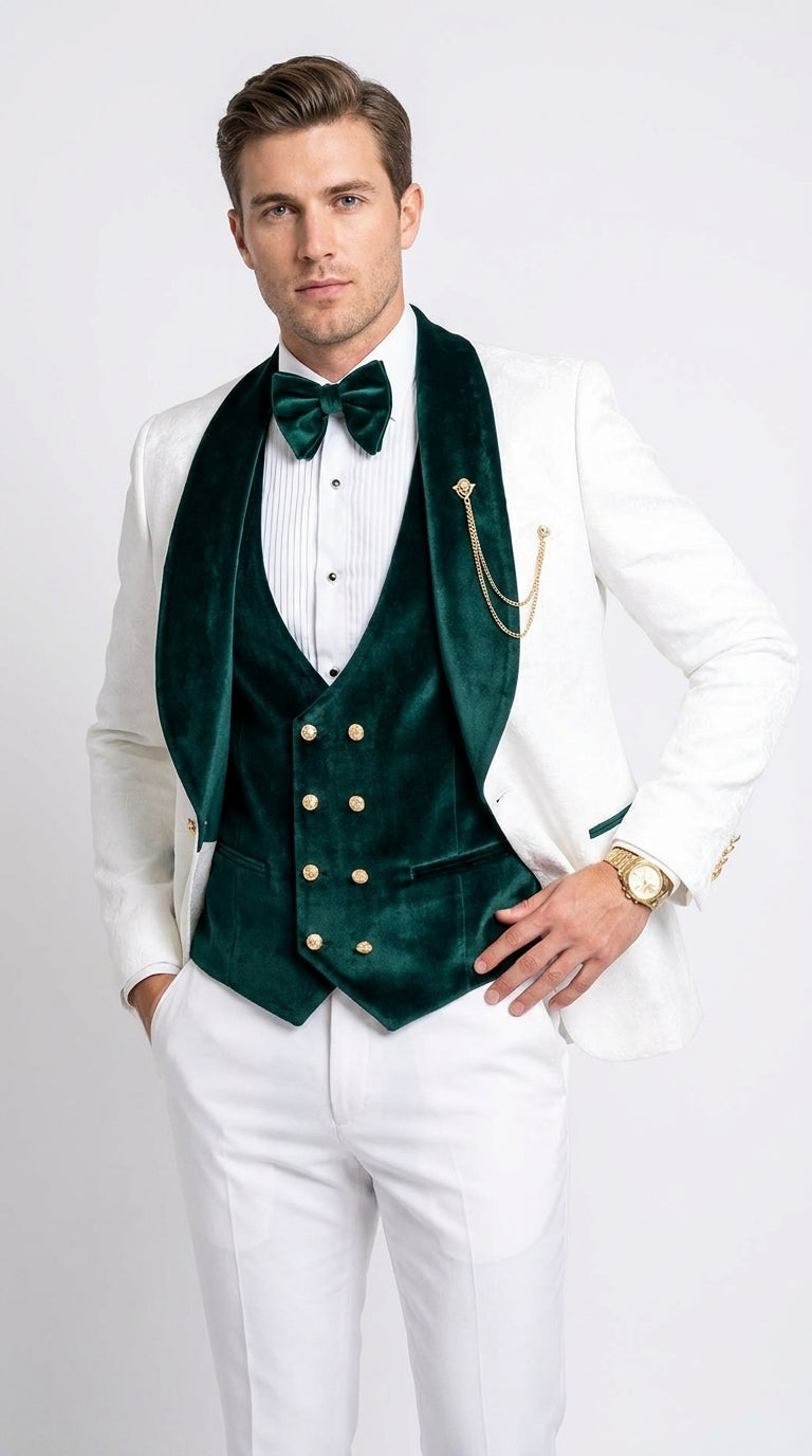 Men’s White and Dark Green 3-Piece Tuxedo – Groom Wedding and Prom Suit with Velvet Shawl Lapel