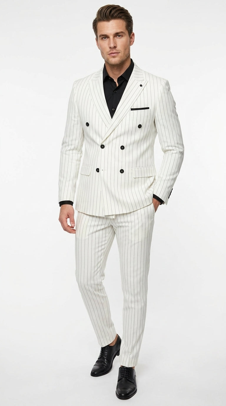 Men’s White Pinstripe Double Breasted Suit – Vintage 1920s 1940s Gangster Dress Suit