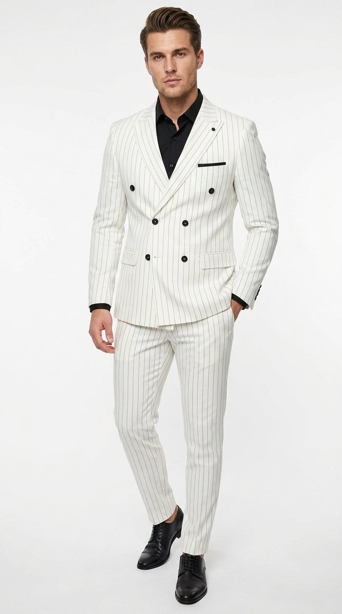 Men’s White Pinstripe Double Breasted Suit – Vintage 1920s 1940s Gangster Dress Suit