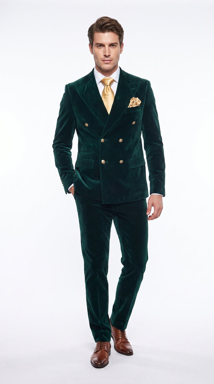 Men’s Rossi Man Zeus Emerald Green Velvet Double Breasted Tuxedo Suit, Formal Wedding Prom Dinner Suit