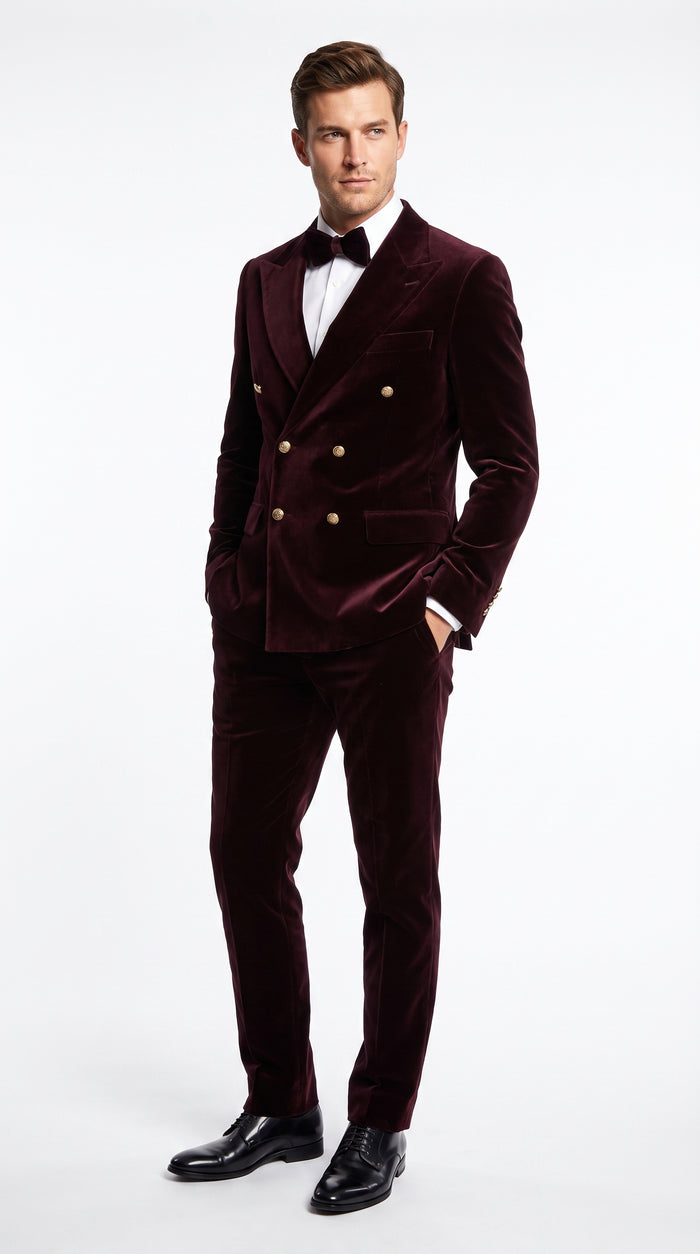 Men’s Rossi Man Zeus Dark Brown Velvet Double Breasted Tuxedo Suit, Formal Wedding Prom Dinner Suit Set