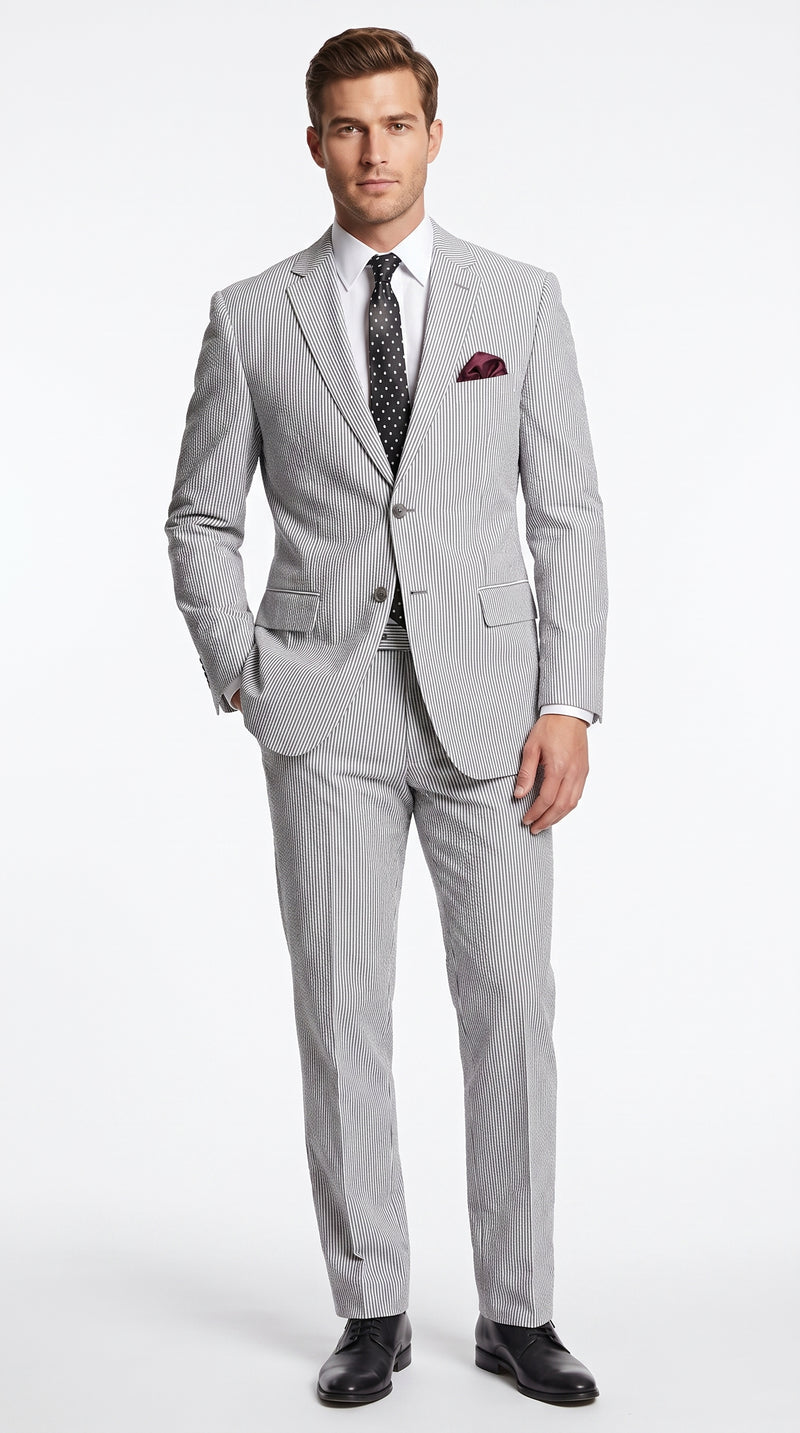 Men’s Black Pinstripe 2 Piece Seersucker Suit, Summer Modern Fit Dress Suit