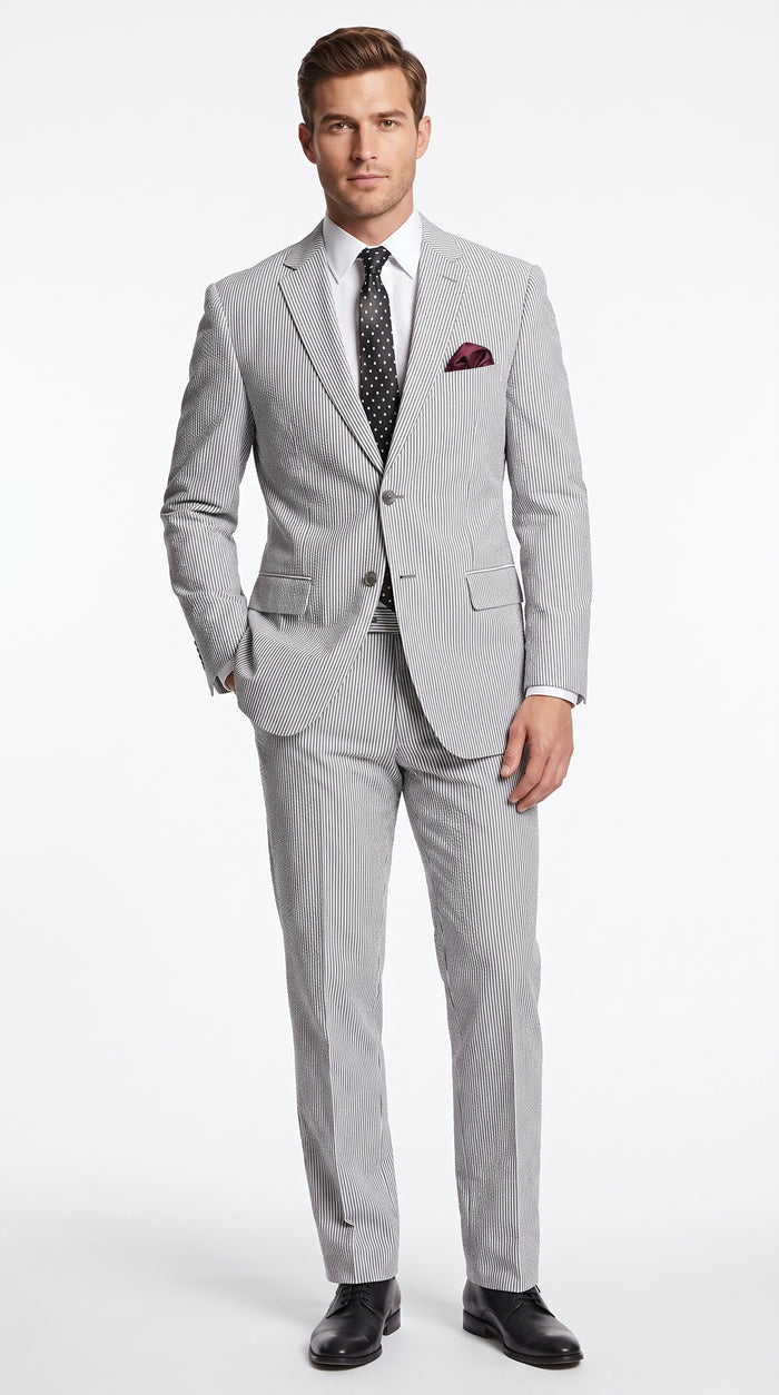 Men’s Black Pinstripe 2 Piece Seersucker Suit, Summer Modern Fit Dress Suit