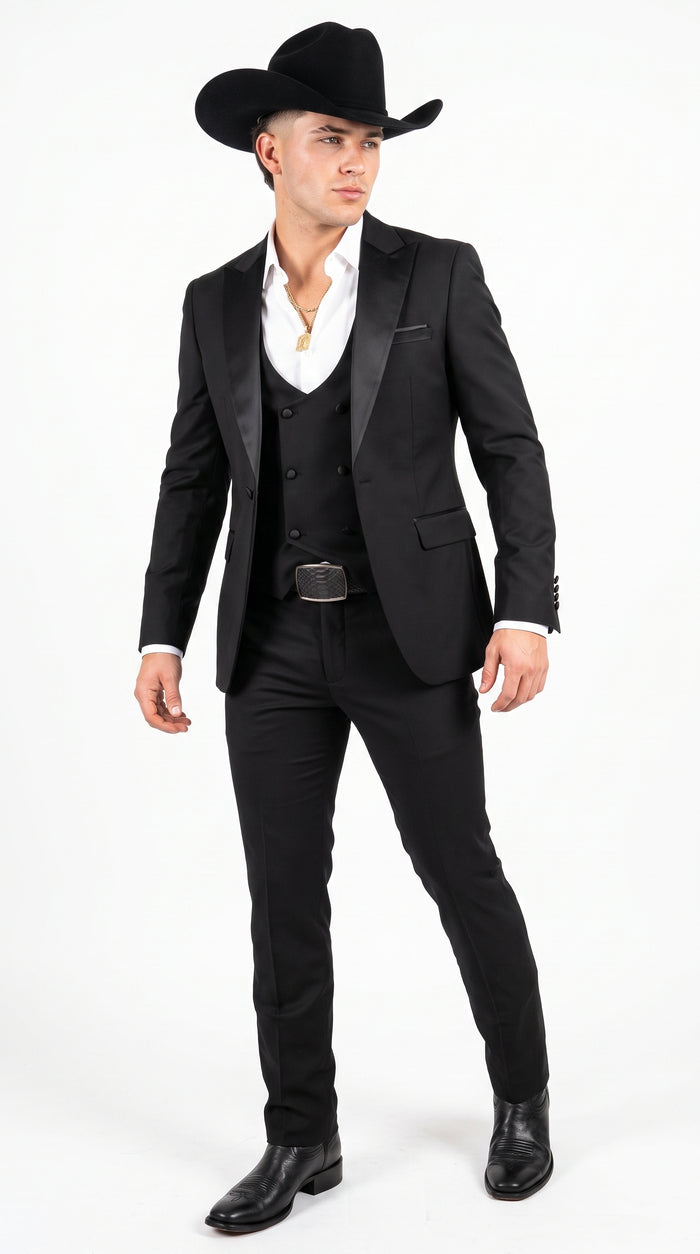 Men’s Black Western Tuxedo Suit with Satin Shawl Lapel and Double Breasted Vest