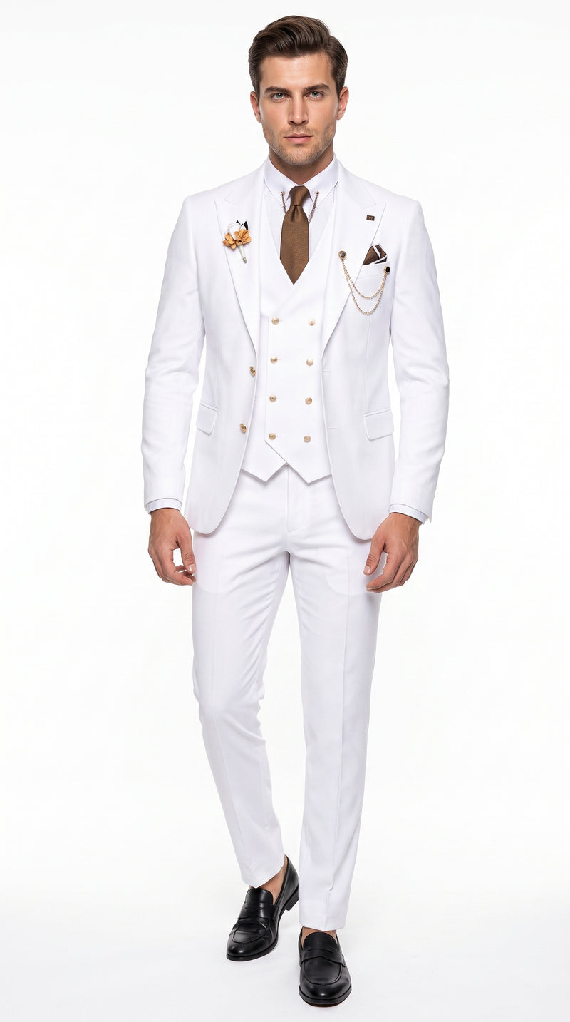 Men’s White and Gold Prom Tuxedo Suit with Double Breasted Vest, Formal Wedding Suit