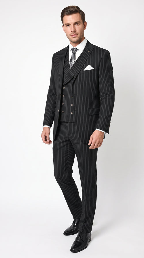 Men’s Black Gangster Pinstripe Suit with Double Breasted Vest, 2 Button Formal 1920s Dress Suit