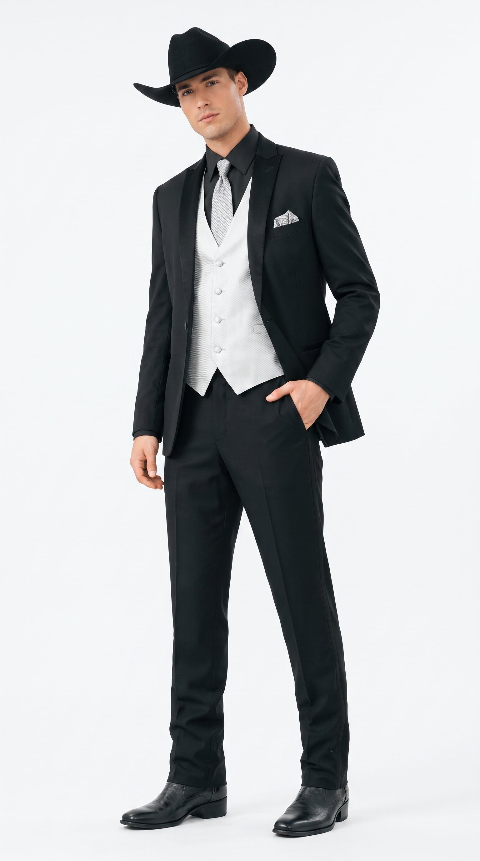 Men’s Black Country Wedding Tuxedo with Silver Vest, Western Formal Groom Suit
