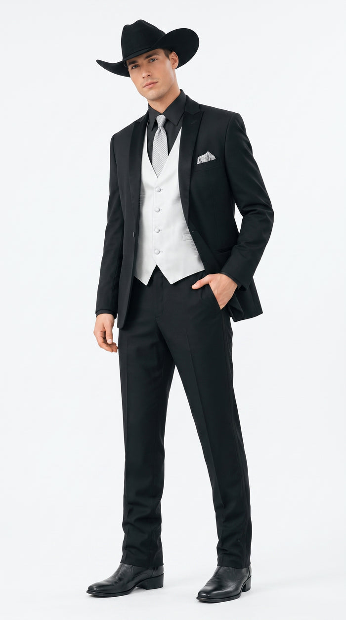 Men’s Black Country Wedding Tuxedo with White Vest, Western Formal Groom Suit