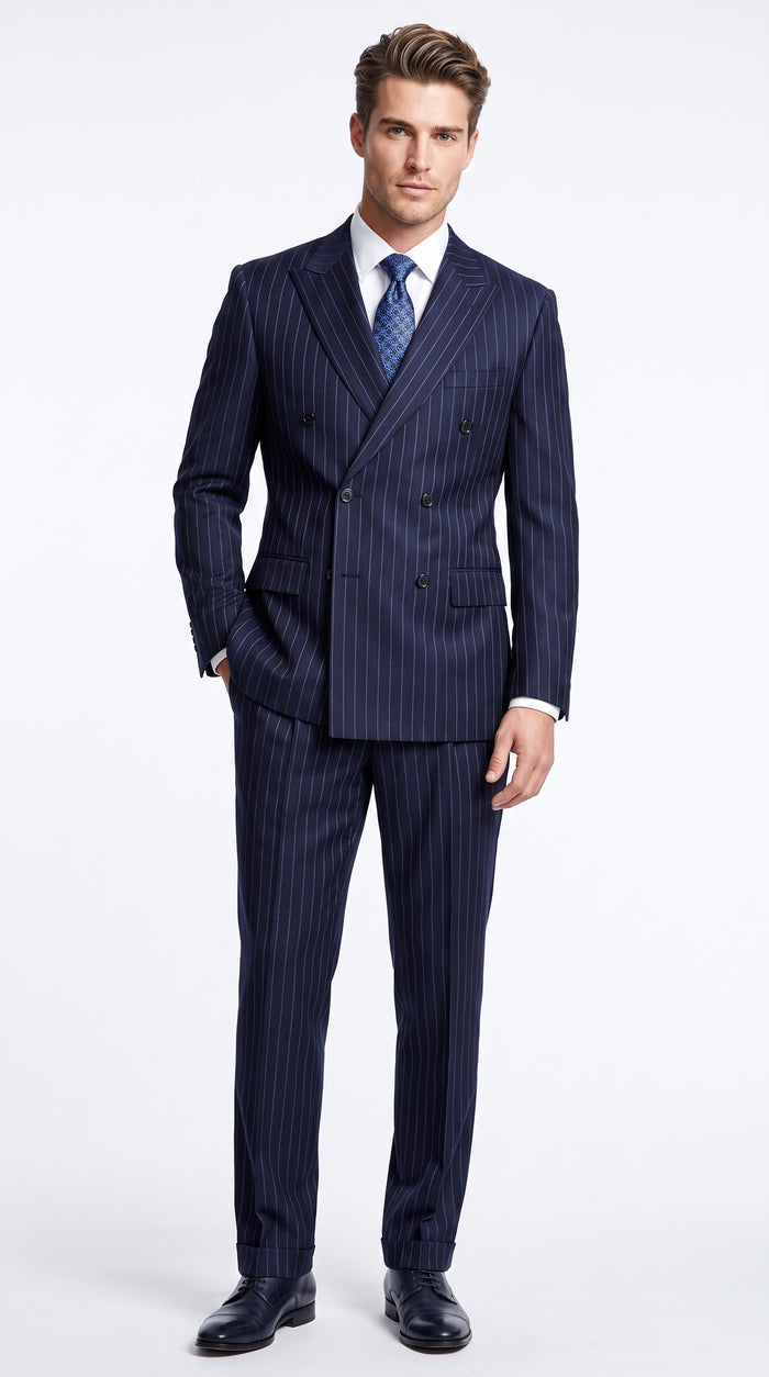 Men’s Dark Navy Blue Double Breasted Pinstripe Suit, Side Vent Jacket with Pleated Pants