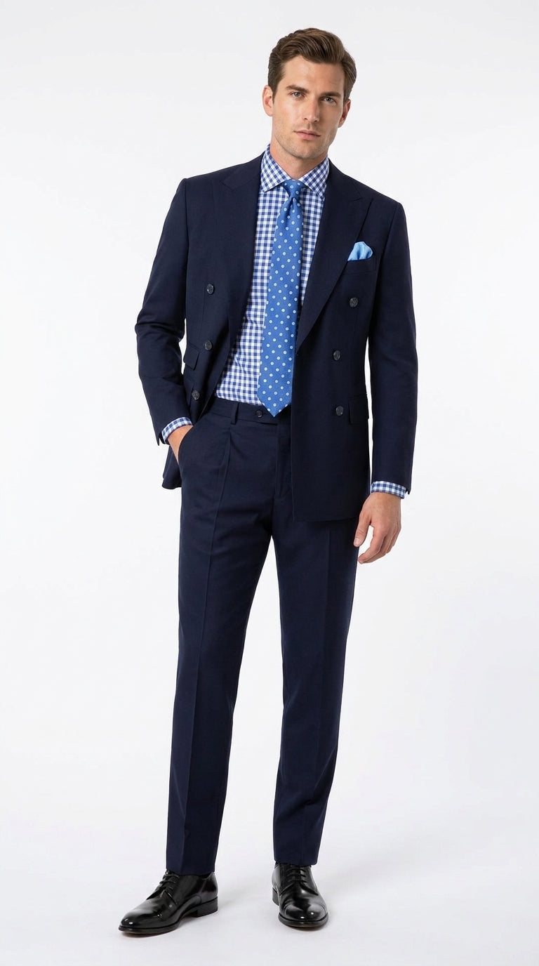 Apollo King Men’s Navy Blue 2 Piece Double Breasted Suit, Pleated Pants Formal Business Wedding Suit