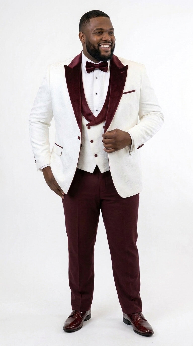 Men’s White and Burgundy Vested Tuxedo Suit, Formal Wedding Groom Prom Dinner Suit