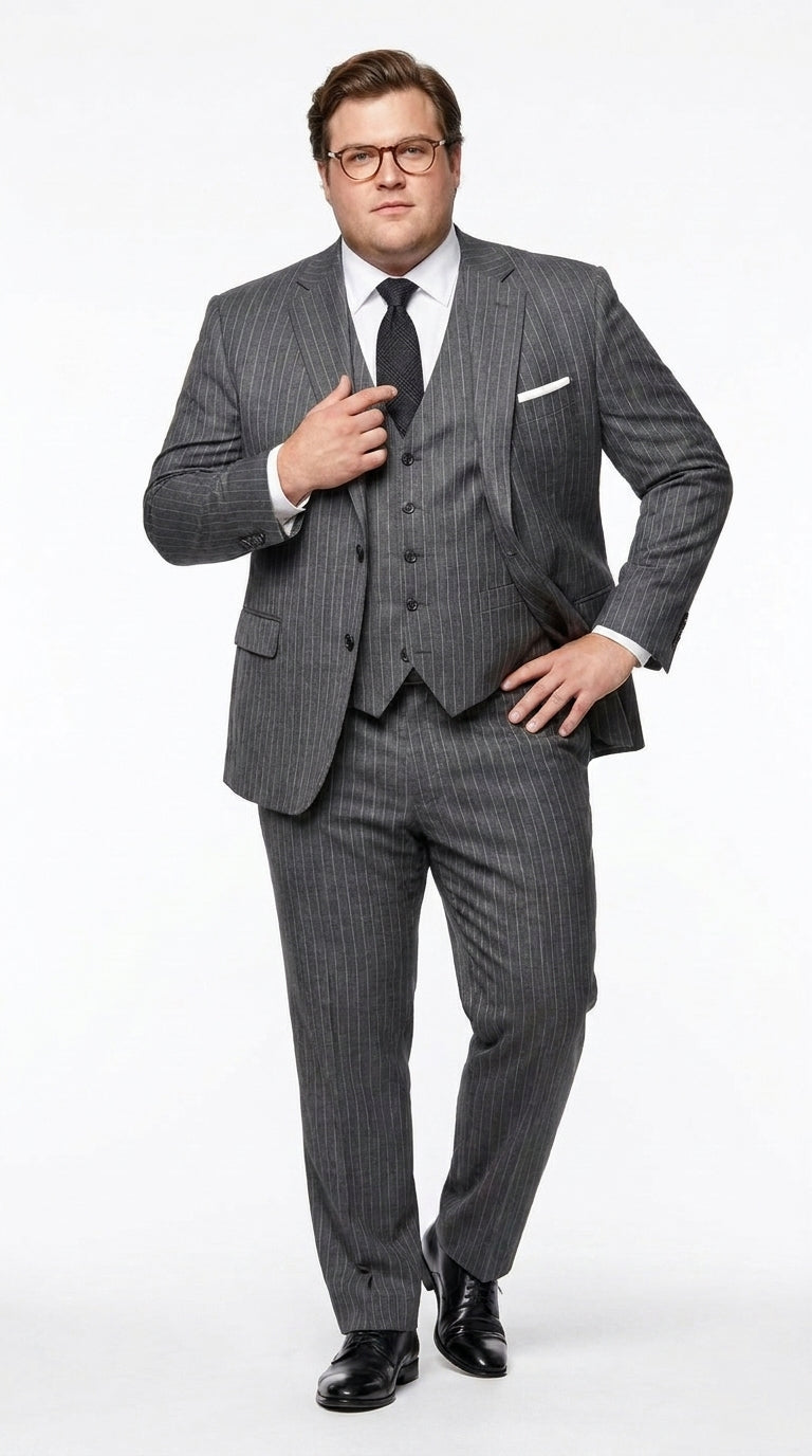 Men’s Charcoal Grey Pinstripe 2 Button Vested Wool Suit, Modern Fit Formal Business Dress Suit
