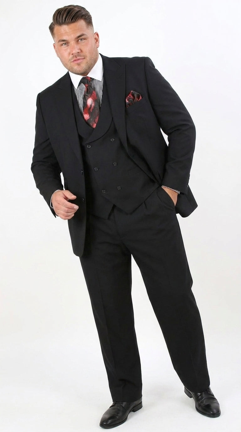 Men’s Black 100% Wool Super 150s Suit, Classic Fit Athletic Cut with Double Breasted Vest and Pleated Pants