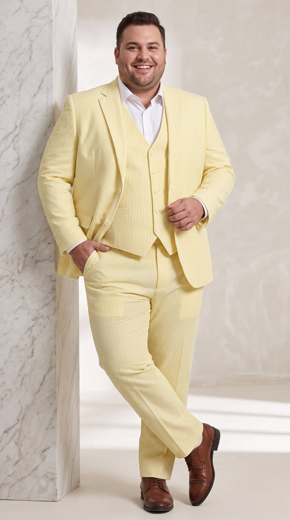 Men’s Yellow Pinstripe Seersucker Suit – 3-Piece Summer Wedding Suit with Jacket, Vest & Pants