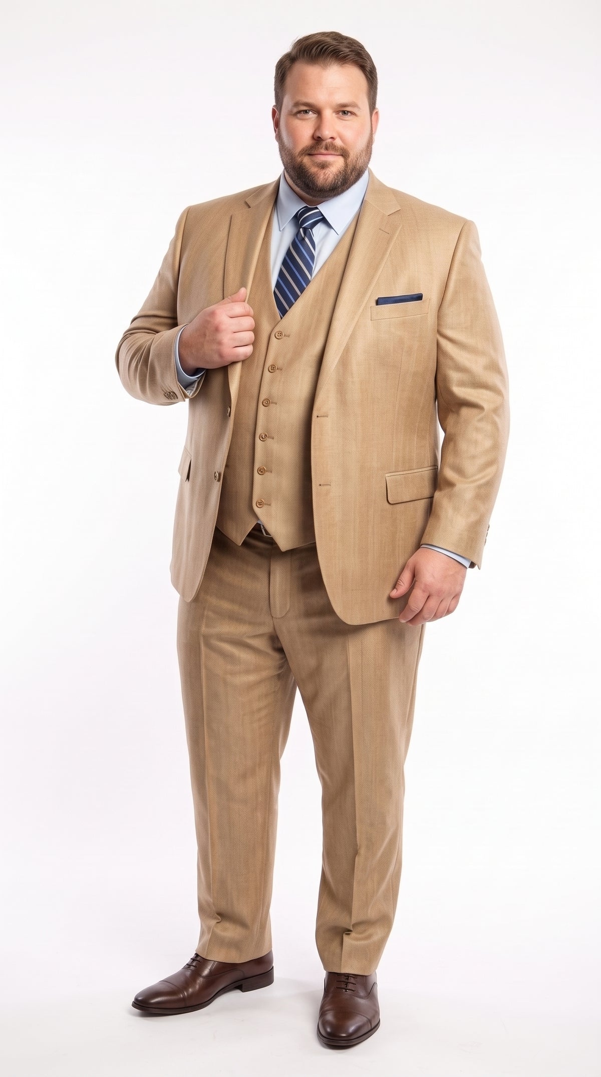 Men’s Camel Wheat Sharkskin 3 Piece Business Suit, Two Button Vested Formal Wedding Suit