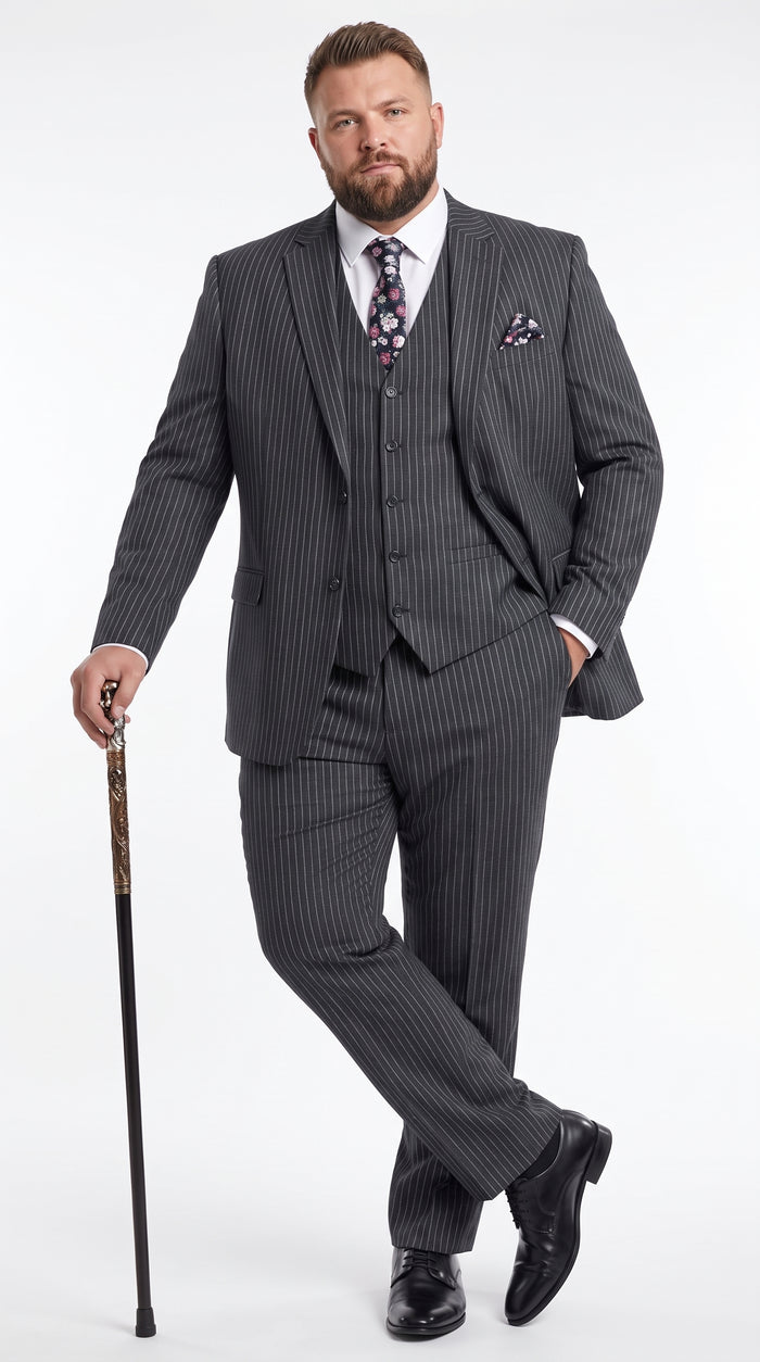 Men's Charcoal Grey Bold Pinstripe 3-Piece Gangster Suit – 2 Button Vested 1920s Vintage Classic Formal Suit