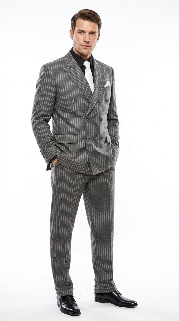 Men’s Charcoal Grey Pinstripe Double Breasted Suit, Gomez Addams Inspired Formal Costume Suit