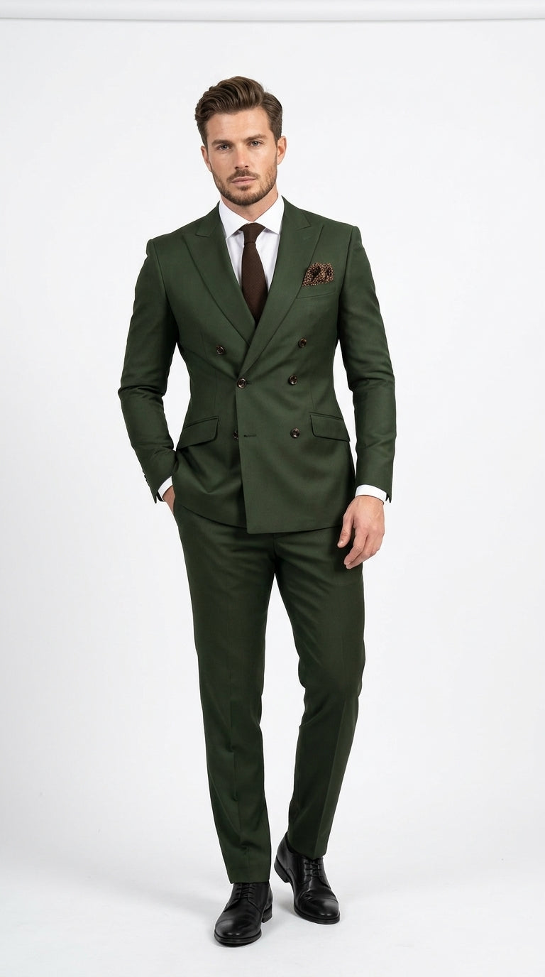 Men’s Dark Green Double Breasted Suit, Tapered Fit Formal Wedding Business Dress Suit