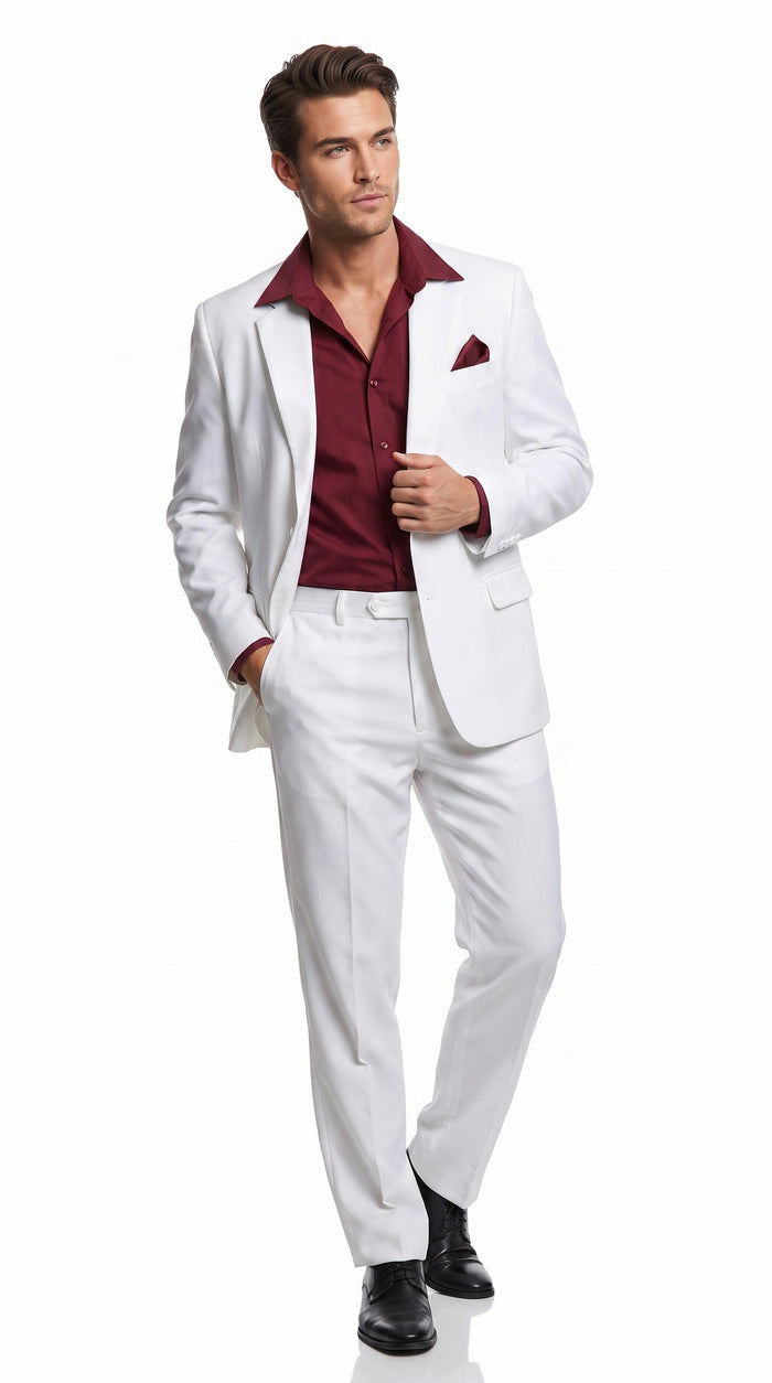 Men’s White Scarface Inspired Suit with Red Shirt, Tony Montana Style Costume Party Suit