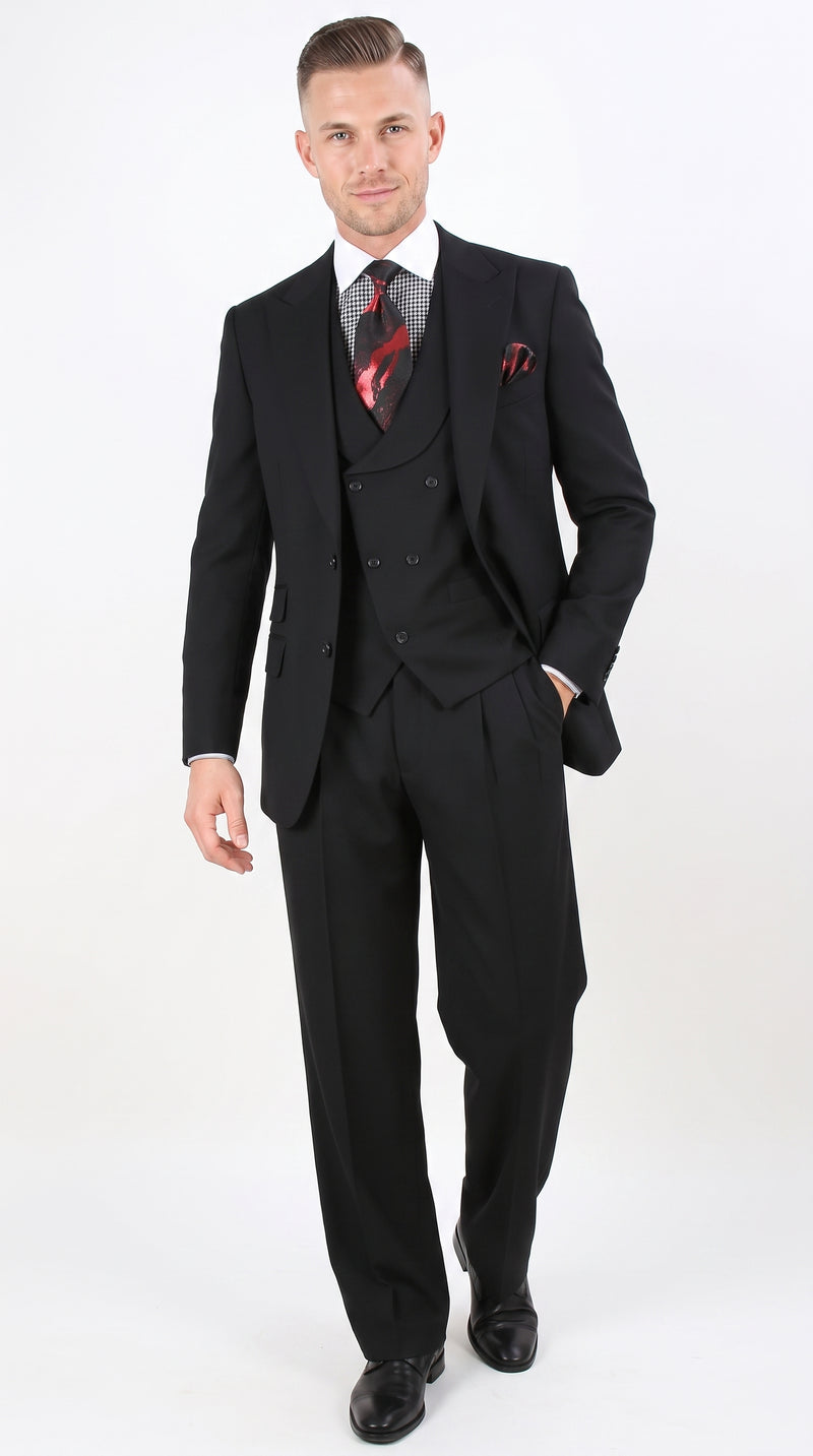 Men’s Black 100% Wool Super 150s Suit, Classic Fit Athletic Cut with Double Breasted Vest and Pleated Pants