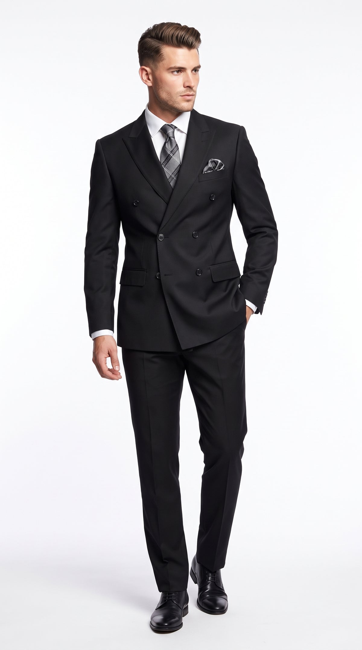 Men’s Black Wool Double Breasted Suit – Modern Fit 6 Button Formal Wedding & Business Suit with Black or Gold Buttons