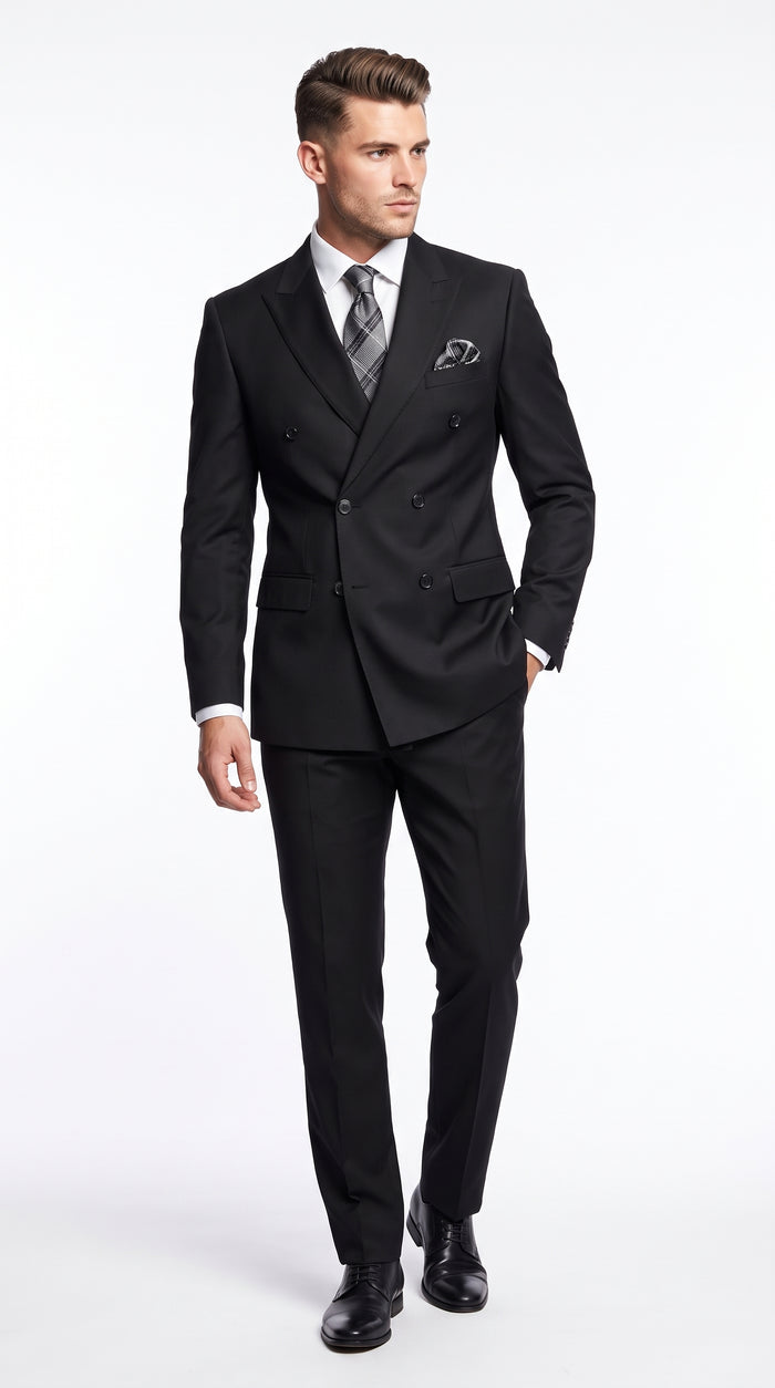 Men’s Black Wool Double Breasted Suit – Modern Fit 6 Button Formal Wedding & Business Suit with Black or Gold Buttons