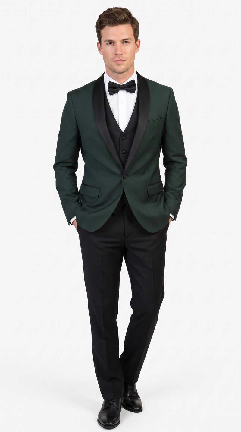 Men’s Hunter Green Tuxedo Suit with Black Pants and Vest, Wedding Prom Formal Tuxedo