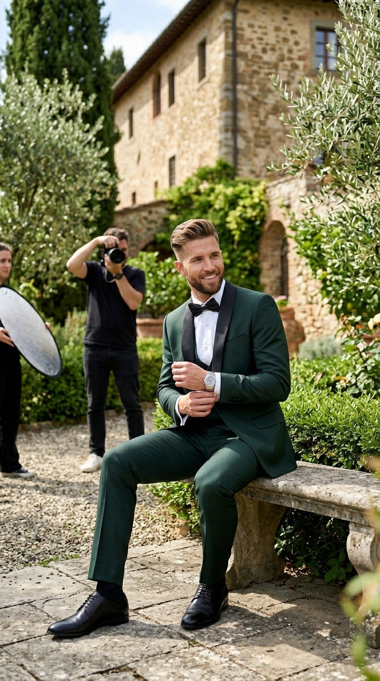 Men’s Hunter Green Vested Tuxedo Suit with Black Trim Shawl Lapel, Wedding Prom Formal Suit Set